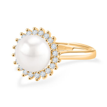 Wei&szlig;e S&uuml;&szlig;wasser Perle, Wei&szlig;er Zirkonia Ring Nickelfreies Messing, Goldfarben, Flexibles (Gr&ouml;&szlig;e 17.00-19.00)