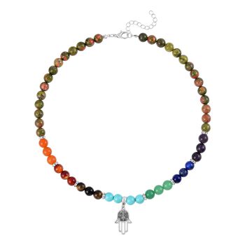 2er Set - Hamsa Hand Anh&auml;nger Set mit Mehrfarbigen und Unakite Edelsteinperlen Chakra Halskette und Armband