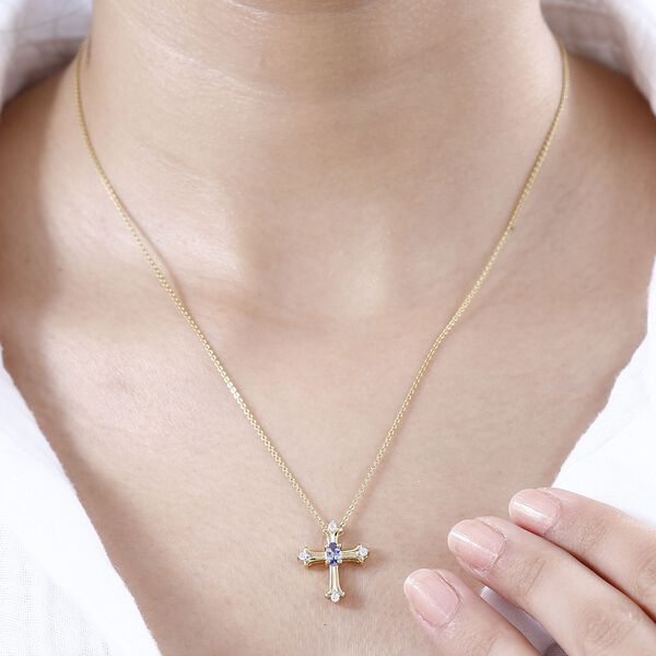 Tansanit und Moissanit Kreuz Anhänger, 925 Silber 750 Gelbgold Vermeil - 0,34 ct. image number 3