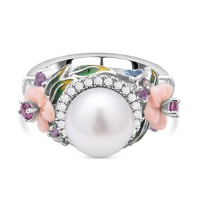 Weißer Südsee Perlen und rosa Perlmutt Ring, 925 Silber rhodiniert (Größe 16.00)