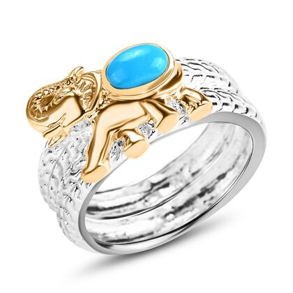 Royal Bali - Amerikanischer Nat&uuml;rlicher Sleeping Beauty T&uuml;rkis Elefant Ring, 925 Silber, 916 Gelbgold Vermeil (Gr&ouml;&szlig;e 21.00) ca. 0.83 ct