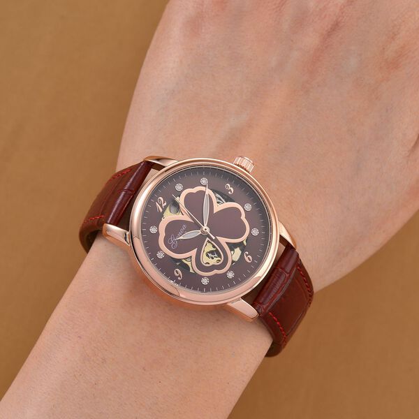 GENOA TIME V2 Automatikuhr mit Automatikwerk, Zifferblatt mit Blumenmuster und Moissaniten, rotes Lederarmband, 36 mm, ca. 0,08 ct. image number 2