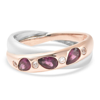 Rhodolith Granat und Zirkon Ring 925 Silber Bicolor (Gr&ouml;&szlig;e 16.00) ca. 0,79 ct
