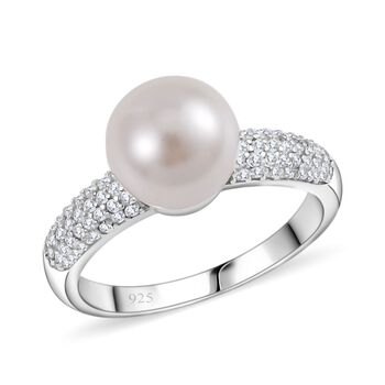 Wei&szlig;e Muschelkernperle, Wei&szlig;er Zirkonia Ring 925 Silber rhodiniert (Gr&ouml;&szlig;e 17.00)