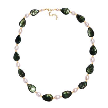 Gef&auml;rbte gr&uuml;ne Jade, Wei&szlig;e S&uuml;&szlig;wasser Perle Halskette ca. 45 cm Edelstahl vergoldet