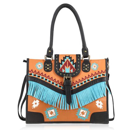 Handgefertigte Umh&auml;ngetasche aus Echtleder mit Stickerei, Fransen und geometrischem Muster, Magnetverschluss, 28x24x18cm, Orange