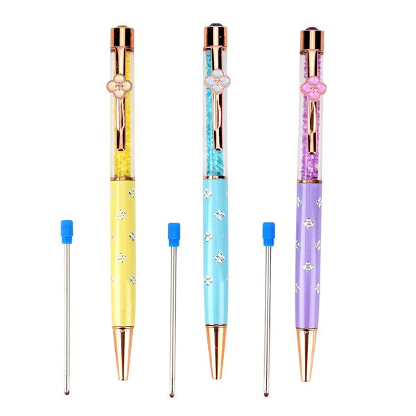"set of 3 artificial Ballpoint Pen material:Aluminum alloy +Plastic,   Color: Macaron light blue,macaron yellow,macaron purple black ink Pen barrel with engraved The box is printed with the logo"