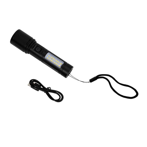 Wiederaufladbare LED-Taschenlampe, 6 Leuchtmodi, USB-Ladekabel, 13,8&times;3,5cm, Schwarz