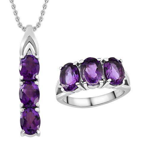 2er-Set, Afrikanischer Amethyst und Zirkon-Ring und Anhänger - 7 ct. image number 0
