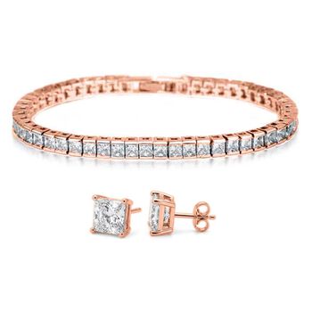 2er Set- Wei&szlig;er Zirkonia Armband und Ohrringe, Nickelfreies Messing, Ros&eacute;farben