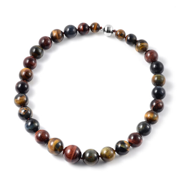 Mehrfarbige Tigerauge-Halskette, ca. 50 cm lang mit Magnetschloss, 925 Silber, ca. 823,65 ct