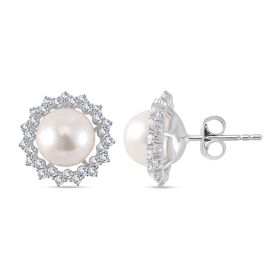 Weiße Zirkonia und Muschelkernperle Halo Ohrstecker, 925 Silber rhodiniert