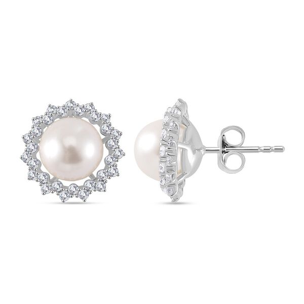 Weiße Zirkonia und Muschelkernperle Halo Ohrstecker, 925 Silber rhodiniert image number 0