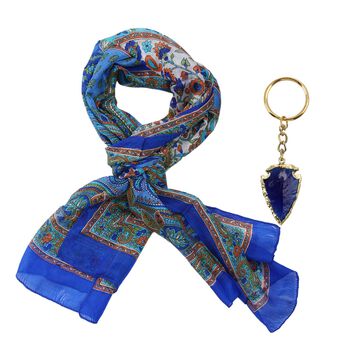 Natur-Seidenschal, Edelstein Schl&uuml;sselanh&auml;nger im Geschenkbox, 48x160 cm, Blau