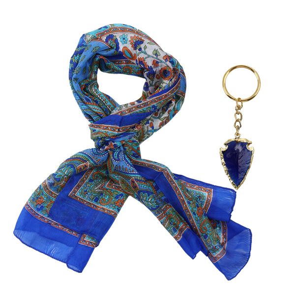 Natur-Seidenschal, Edelstein Schl&uuml;sselanh&auml;nger im Geschenkbox, 48x160 cm, Blau