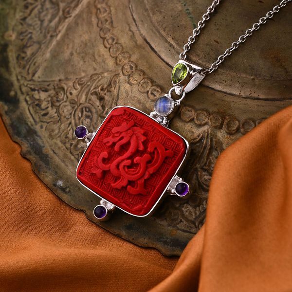 Mexikanische Zinnober, Regenbogen Mondstein Anhänger 925 Silber ca. 35,08 ct. image number 2