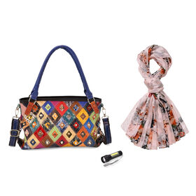 Chaos by Elsie Echtleder Crossbody Tasche im Doppel-Rhomboid-Design mit RFID-Schutz und Mini-Taschenlampe und LA MAREY Schal aus 100% Maulbeerseide