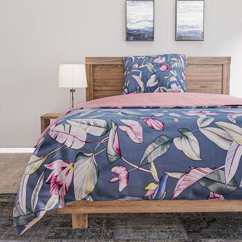 2er-Set, 3D Digitaldruck Bettbezug und Kissenbezug, Blatt- und Blumenmuster, Grau