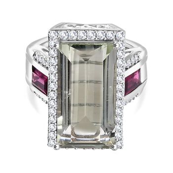 Prasiolith, Rhodolith Granat und Zirkon-Ring - 13,70 ct.