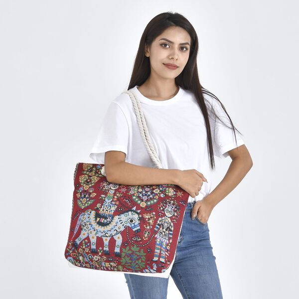 Jacquard gewebte Jute-Tasche mit Pferd Design, 42x34 cm image number 2