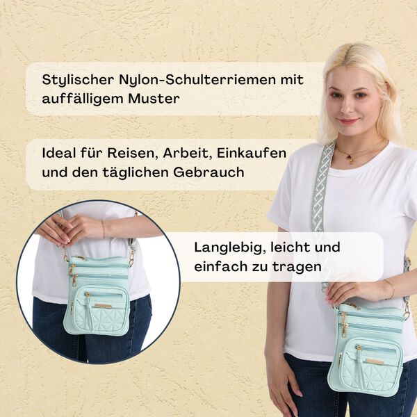 Crossbody-Tasche mit mehreren Rei&szlig;verschlussf&auml;chern und gemustertem Gurt, 19x22cm, Mintgr&uuml;n image number 3