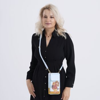 PU Handytasche mit RFID-Schutz, 20x11x2cm, Blau mit Sonnenblumen-Muster