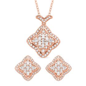 2er Set, Weiße Zirkonia Halskette und Ohrringe, Messing, roséfarben