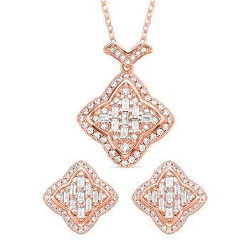 2er Set, Wei&szlig;e Zirkonia Halskette und Ohrringe, Messing, ros&eacute;farben