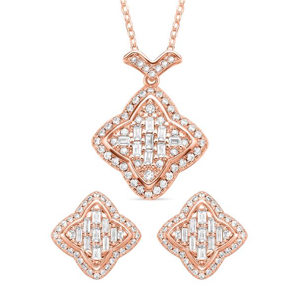 2er Set, Wei&szlig;e Zirkonia Halskette und Ohrringe, Messing, ros&eacute;farben