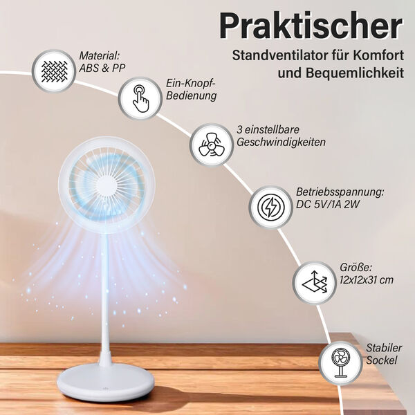 Standventilator mit USB-Anschluss und LED-Licht, 3 Geschwindigkeiten, Wei&szlig;&nbsp; image number 3