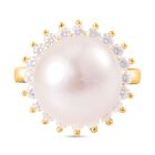 Weiße Edison Perle (13-14 mm), Moissanit Ring, 925 Silber Gelbgold Vermeil, (Größe 16.00)