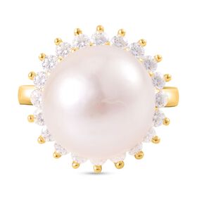 Weiße Edison Perle (13-14 mm), Moissanit Ring, 925 Silber Gelbgold Vermeil, (Größe 16.00)