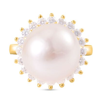 Wei&szlig;e Edison Perle (13-14 mm), Moissanit Ring, 925 Silber Gelbgold Vermeil, (Gr&ouml;&szlig;e 16.00)