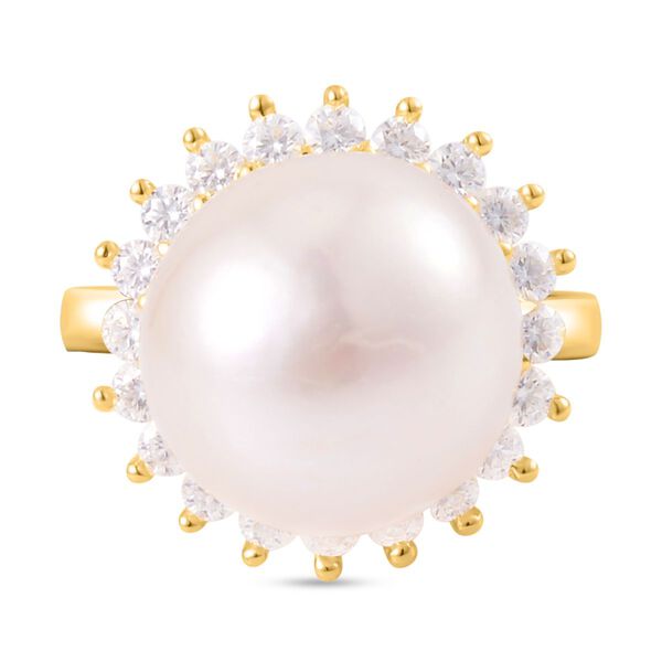 Weiße Edison Perle (13-14 mm), Moissanit Ring, 925 Silber Gelbgold Vermeil, (Größe 16.00) image number 0