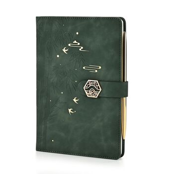 LIVMORE 2er-Set A5 Notizbuch mit Stift, Umschlag mit Magnetverschluss, Bambus-Motiv, Nationaler Landschaftsstil, Gr&uuml;n