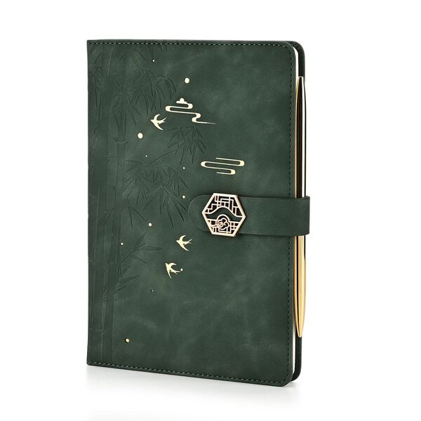 LIVMORE 2er-Set A5 Notizbuch mit Stift, Umschlag mit Magnetverschluss, Bambus-Motiv, Nationaler Landschaftsstil, Gr&uuml;n image number 3