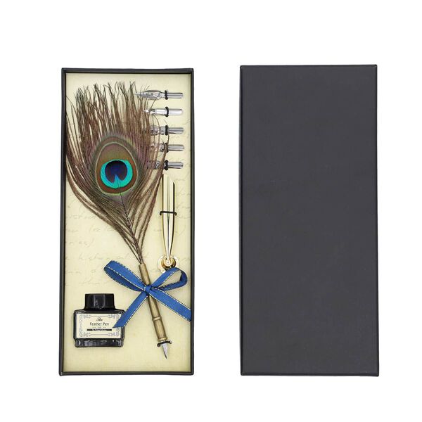 Antikes Federstift-Set mit Pfauenfeder image number 0