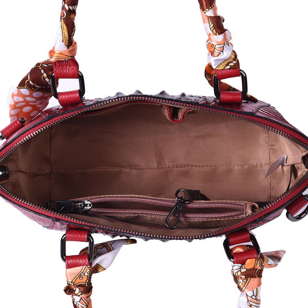 Luxushandtasche aus echtem Leder mit Kroko-Prägung und passendem Schal, Größe 25x9x19 cm, Rot image number 4