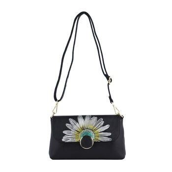 Umh&auml;ngetasche aus 100% echtem Leder, Sonnenblumen Muster, Gr&ouml;&szlig;e 25x7x15 cm, Schwarz