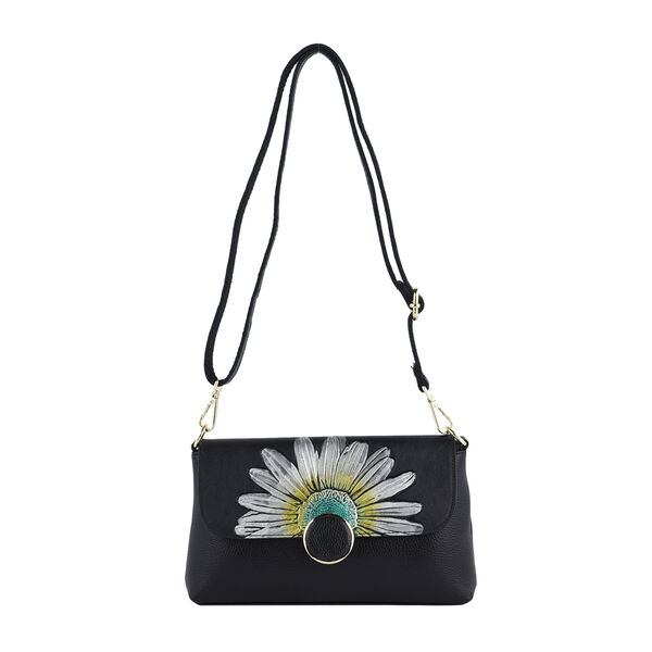 Umh&auml;ngetasche aus 100% echtem Leder, Sonnenblumen Muster, Gr&ouml;&szlig;e 25x7x15 cm, Schwarz