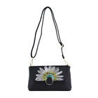 Umhängetasche aus 100% echtem Leder, Sonnenblumen Muster, Größe 25x7x15 cm, Schwarz
