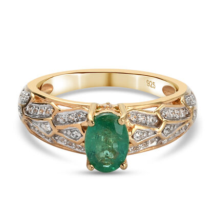 Sambischer Smaragd und Zirkon-Ring, 925 Silber Gelbgold Vermeil (Größe 16.00) ca. 1,03 ct