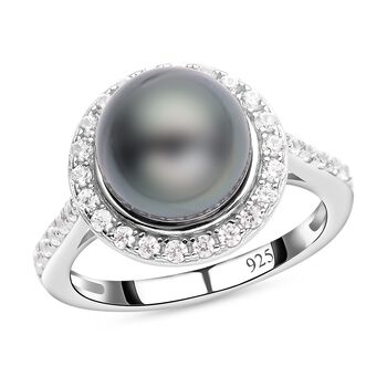 Tahiti-Zuchtperle und wei&szlig;er Zirkon-Ring, , 925 Silber rhodiniert