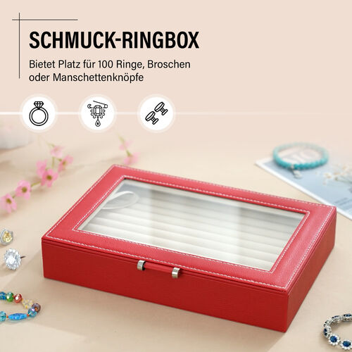 Schmuck-Ringbox aus Kunstleder mit Glasdeckel, 26,7x17,8x5,5cm, Weinrot image number 1