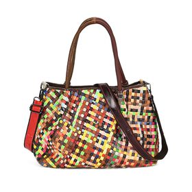 Chaos by Elsie- Echtleder Schultertasche mit RFID-Schutz, Webmuster, 39x14x27cm