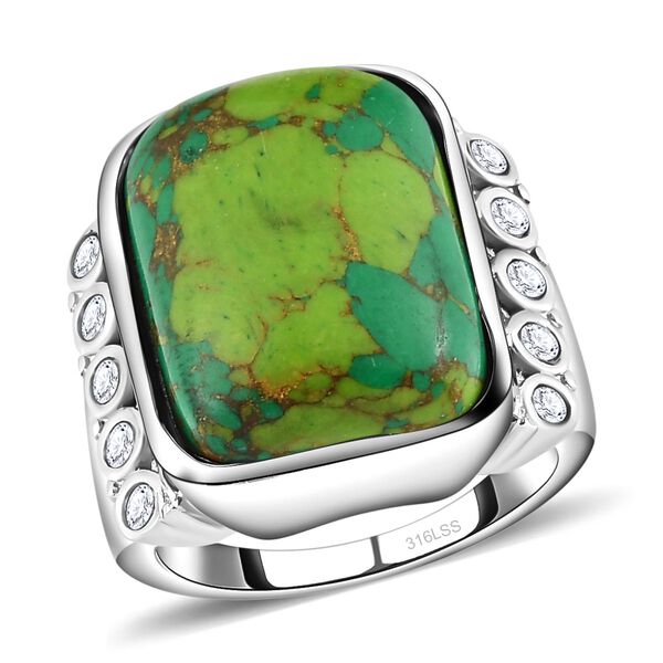 Gr&uuml;nes T&uuml;rkis, Wei&szlig;er Zirkon Ring, Edelstahl (Gr&ouml;&szlig;e 16.00) ca. 10.98 ct image number 4