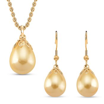 3er Set - Goldene Muschelkernperle Anh&auml;nger mit Kette und Ohrringe, Messing und Edelstahl