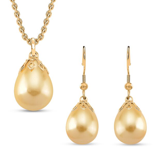 3er Set - Goldene Muschelkernperle Anh&auml;nger mit Kette und Ohrringe, Messing und Edelstahl