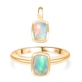 2er Set - AA Natürlicher, äthiopischer Welo Opal Anhänger und Ring, Größe (19.00), 925 Silber 750 Gelb Vergoldet ca. 1,89 ct.
