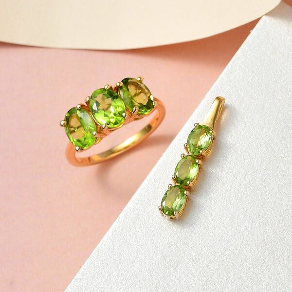2er-Set, nat&uuml;rlicher Peridot Trilogie-Ring und Anh&auml;nger in Silber, 5,10 ct. image number 2